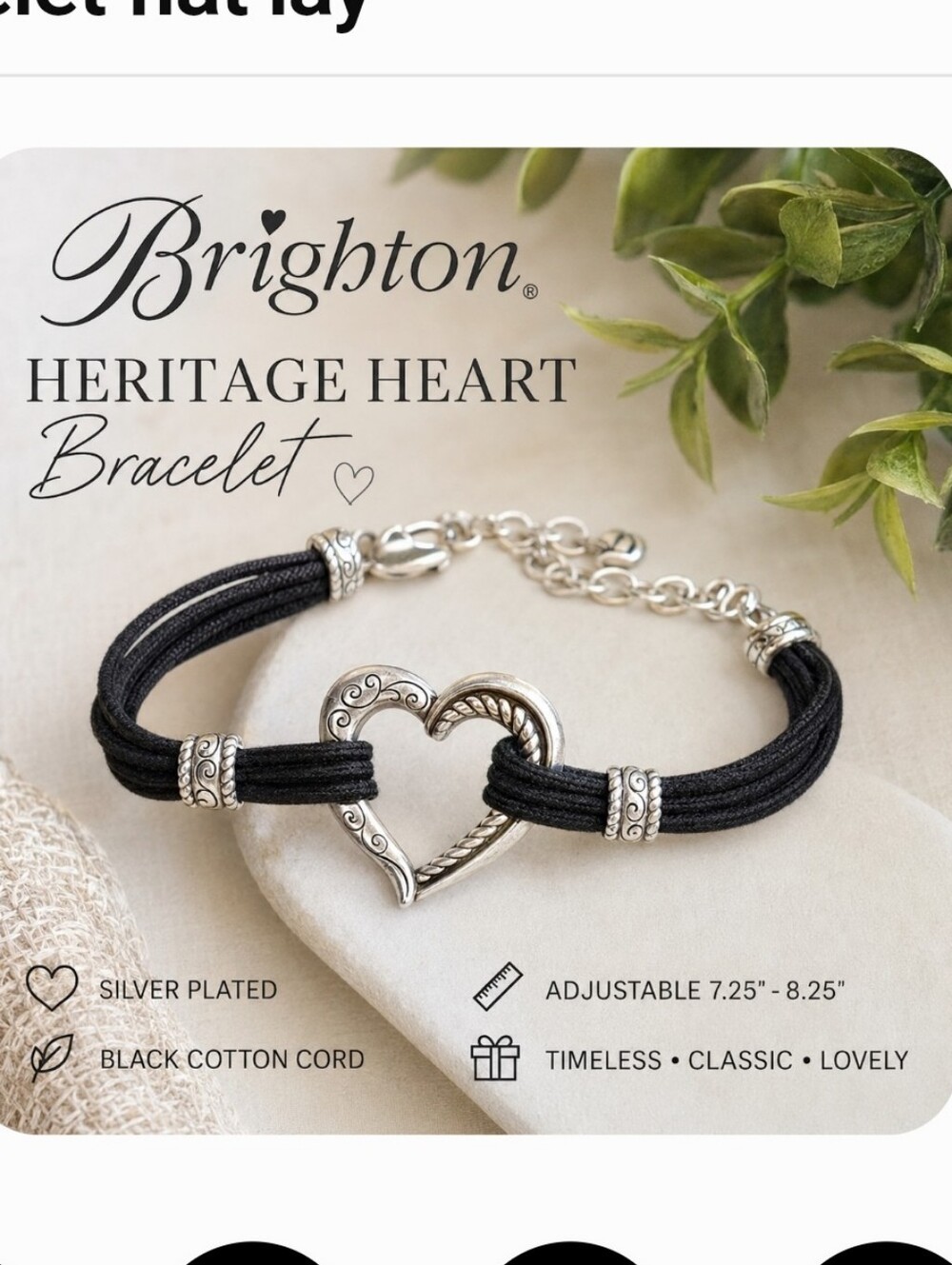 Brighton Heritage Heart Bracelet Retired Black Cord Silver Plated Adjustable